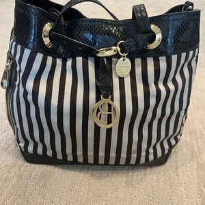 Henri Bendel Striped Handbag Signature Dark Brown and White Stripe Large